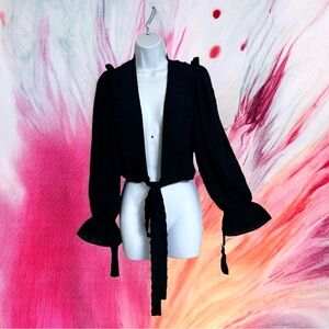 Baloot Tie Front Bolero Style Cropped Shrug Cardigan Top Black‎ Festival